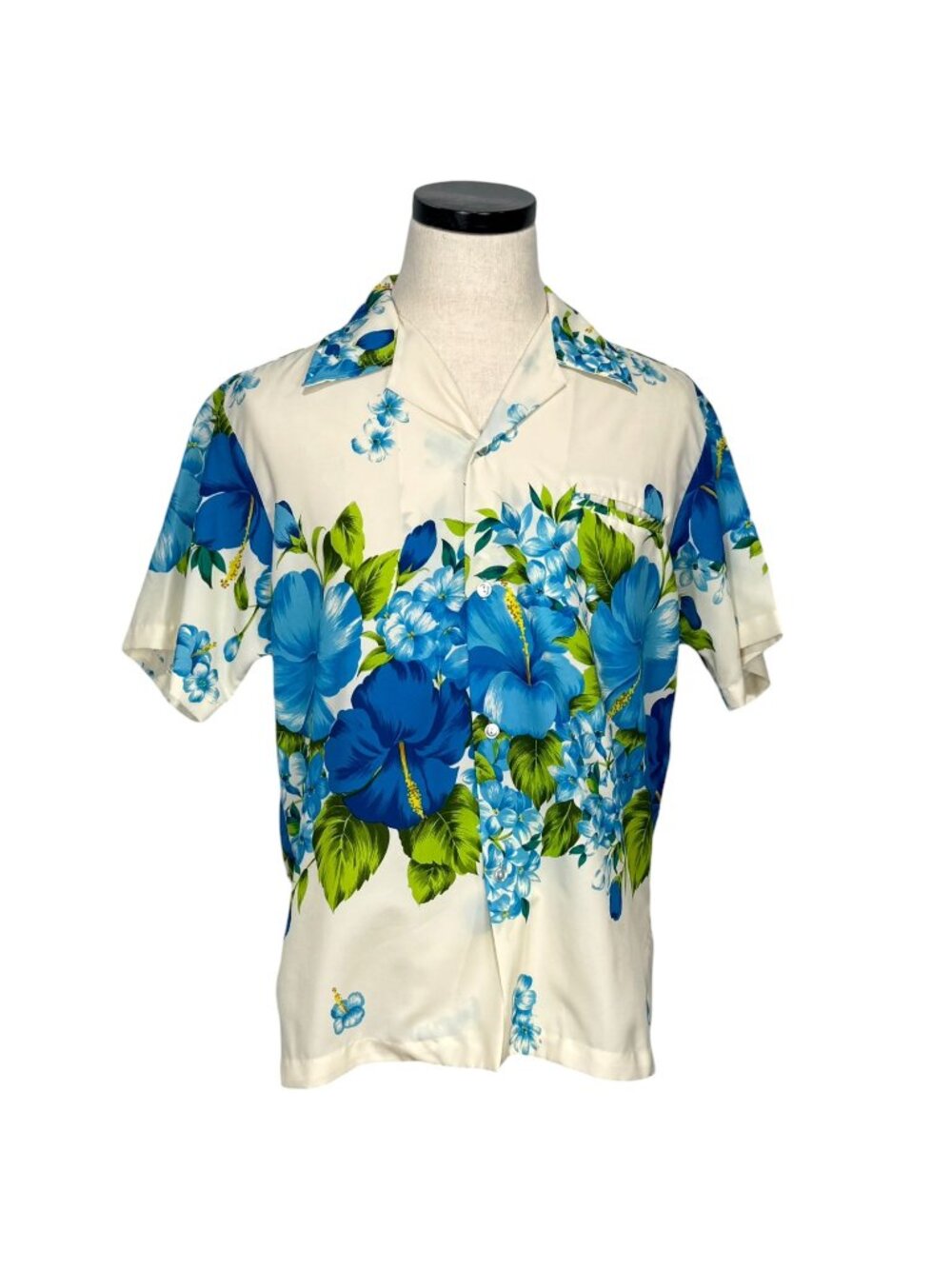 Shoreline Hawaii Mens Floral Hawaiian Shirt Blue Hibiscus Print Button-Up M 70's